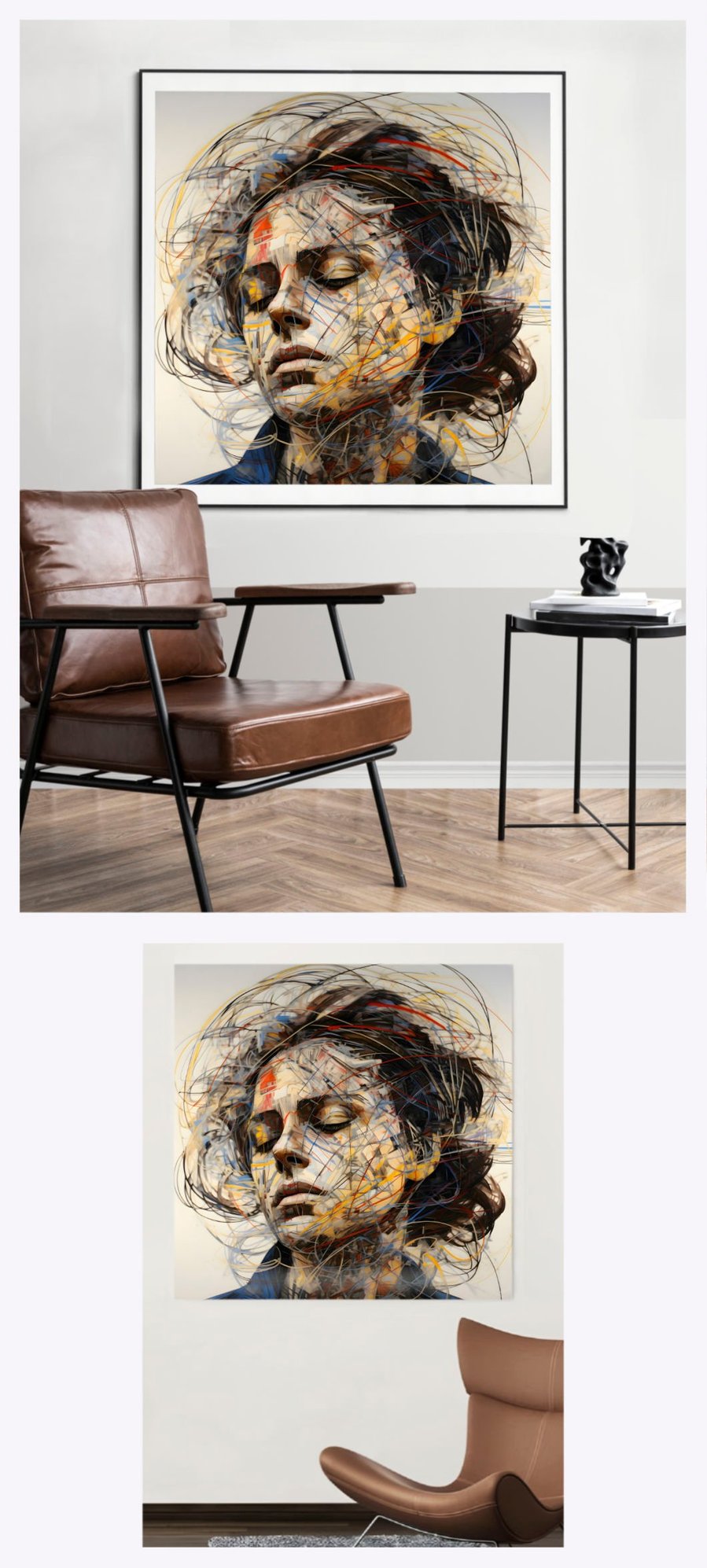 Experience the subtle allure of 'Quiet Woman' as it adorns two square-oriented living spaces, showcasing the painting's ability to add a touch of introspective beauty to diverse interior designs.