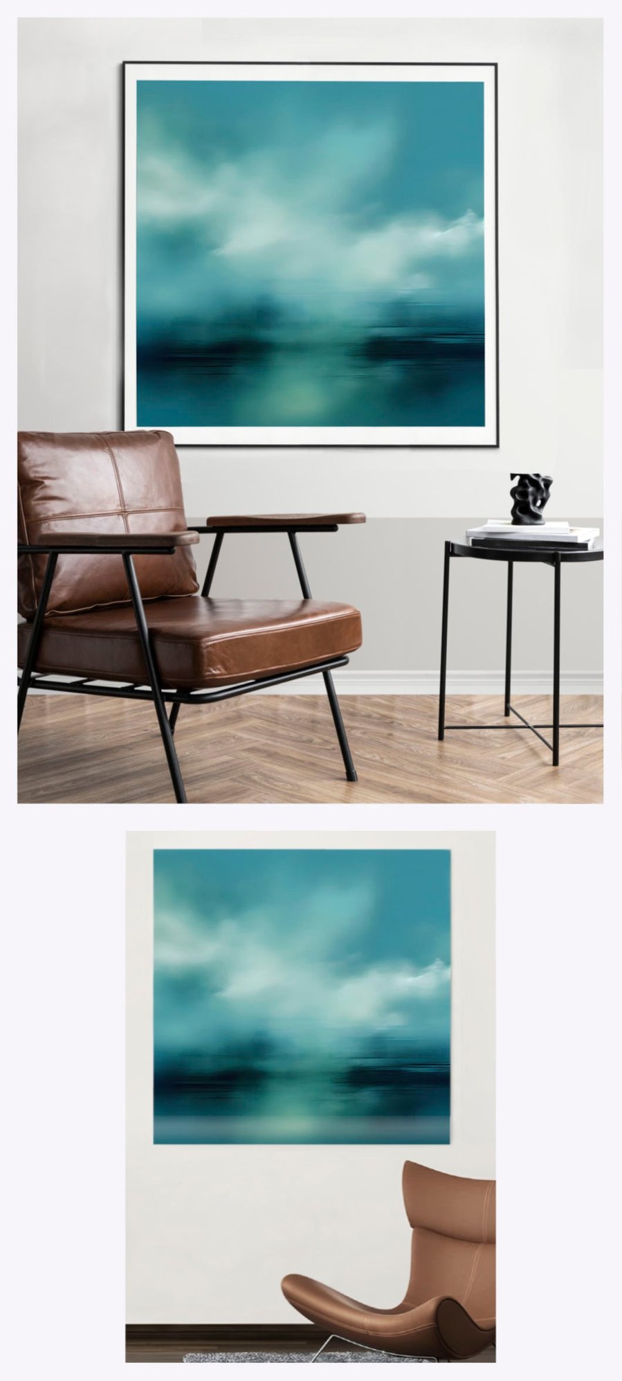 Visualize 'Cloud Over Ocean' enhancing two unique square-format living spaces, showcasing the painting's ability to bring a tranquil oceanic ambiance to diverse interiors.