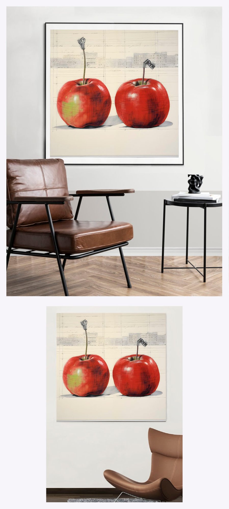 Discover the intriguing charm of 'Two Apples' as it is featured in two square-format living settings, highlighting the artwork's ability to merge natural simplicity with a complex, blueprint-style backdrop in various home décors.