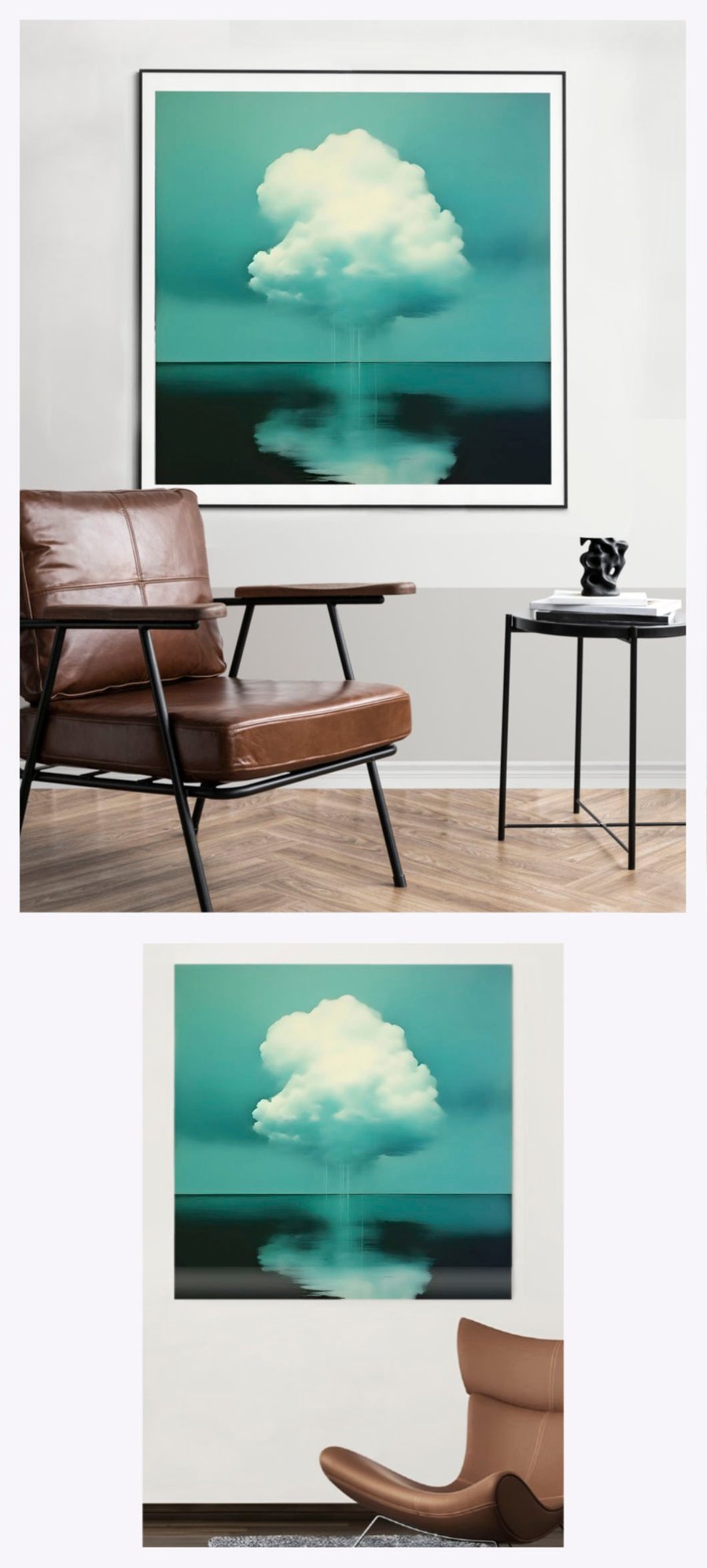 Showcasing 'One Cloud' in two distinct living room environments, this image highlights how the square artwork seamlessly integrates and elevates various home decors.