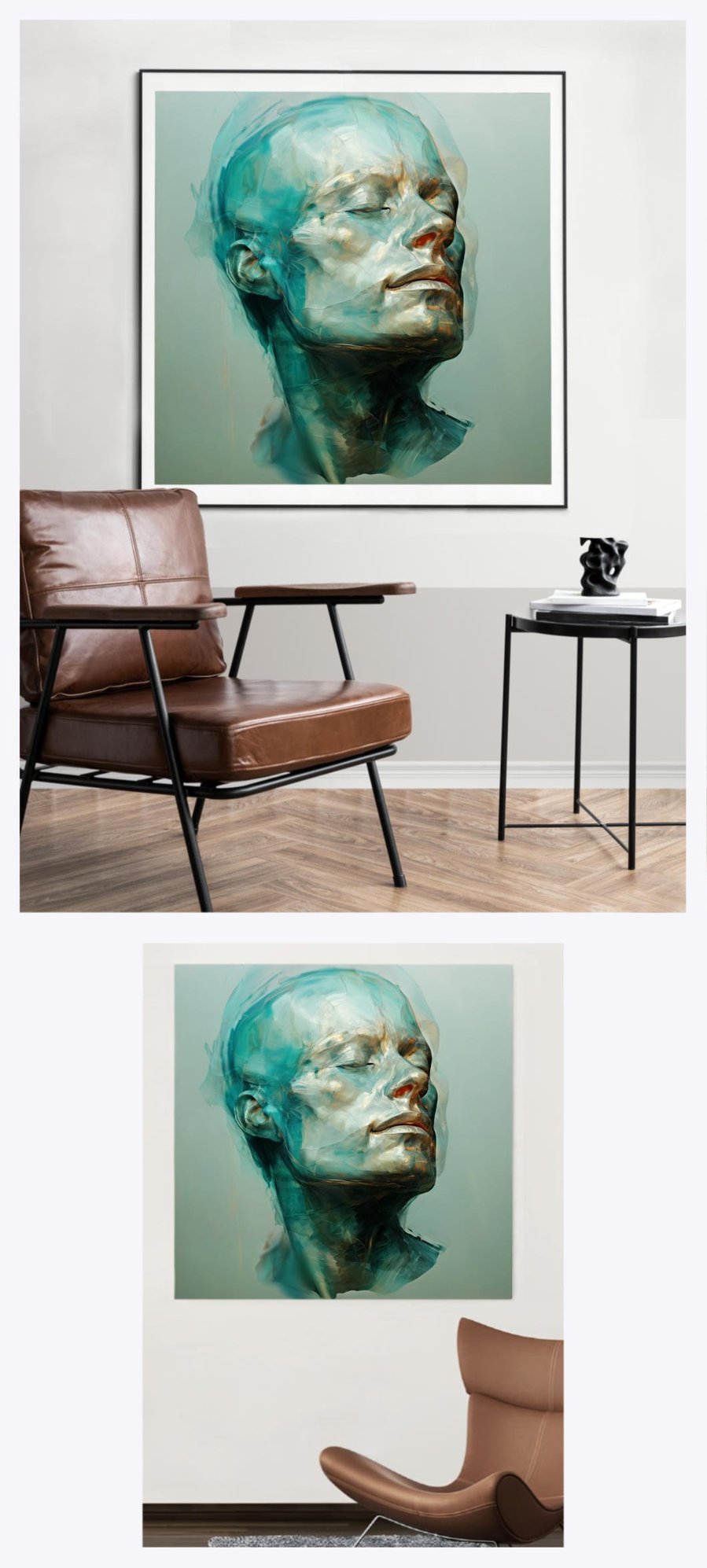 Discover the visual appeal of Upwards as it graces two distinct living room environments, illustrating the adaptability and charm of this square artwork in varied home settings.