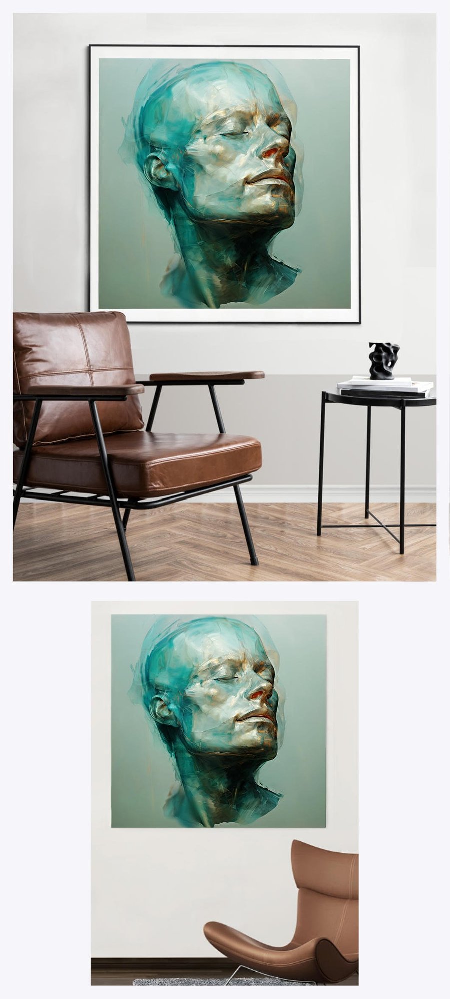 Discover the visual appeal of Upwards as it graces two distinct living room environments, illustrating the adaptability and charm of this square artwork in varied home settings.