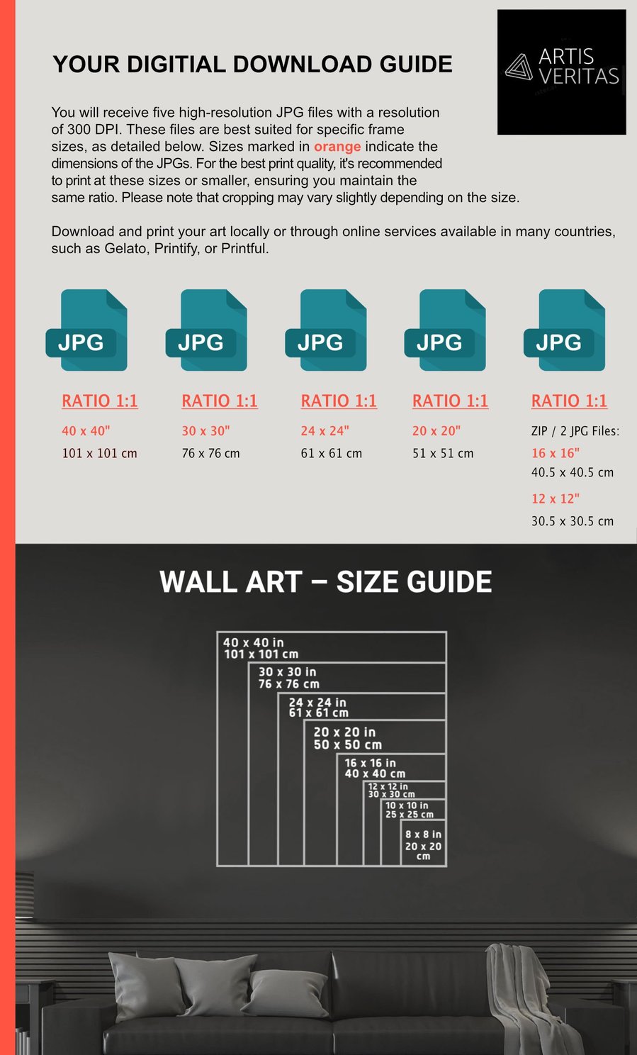 Providing a straightforward download guide for Upwards, along with a sizing guide tailored to its square format, facilitating ease of access and optimal display options for art lovers.