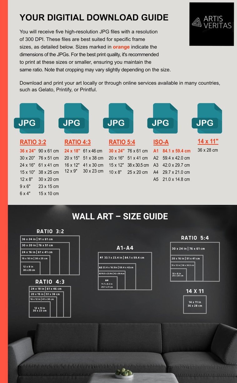 Detailed and instructive size and download guide for the purchase of landscape format artworks (horizontal paintings).