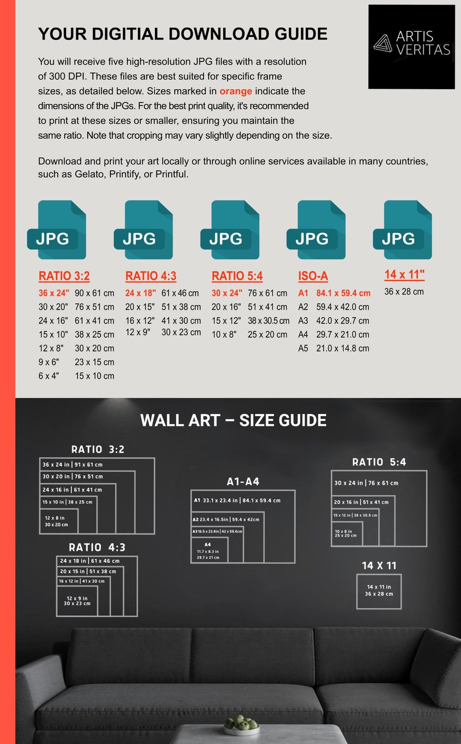 This image includes a convenient download guide for 'Tree Moon Ocean', along with a size guide specifically designed for its landscape format, facilitating an easy and informed art selection process.