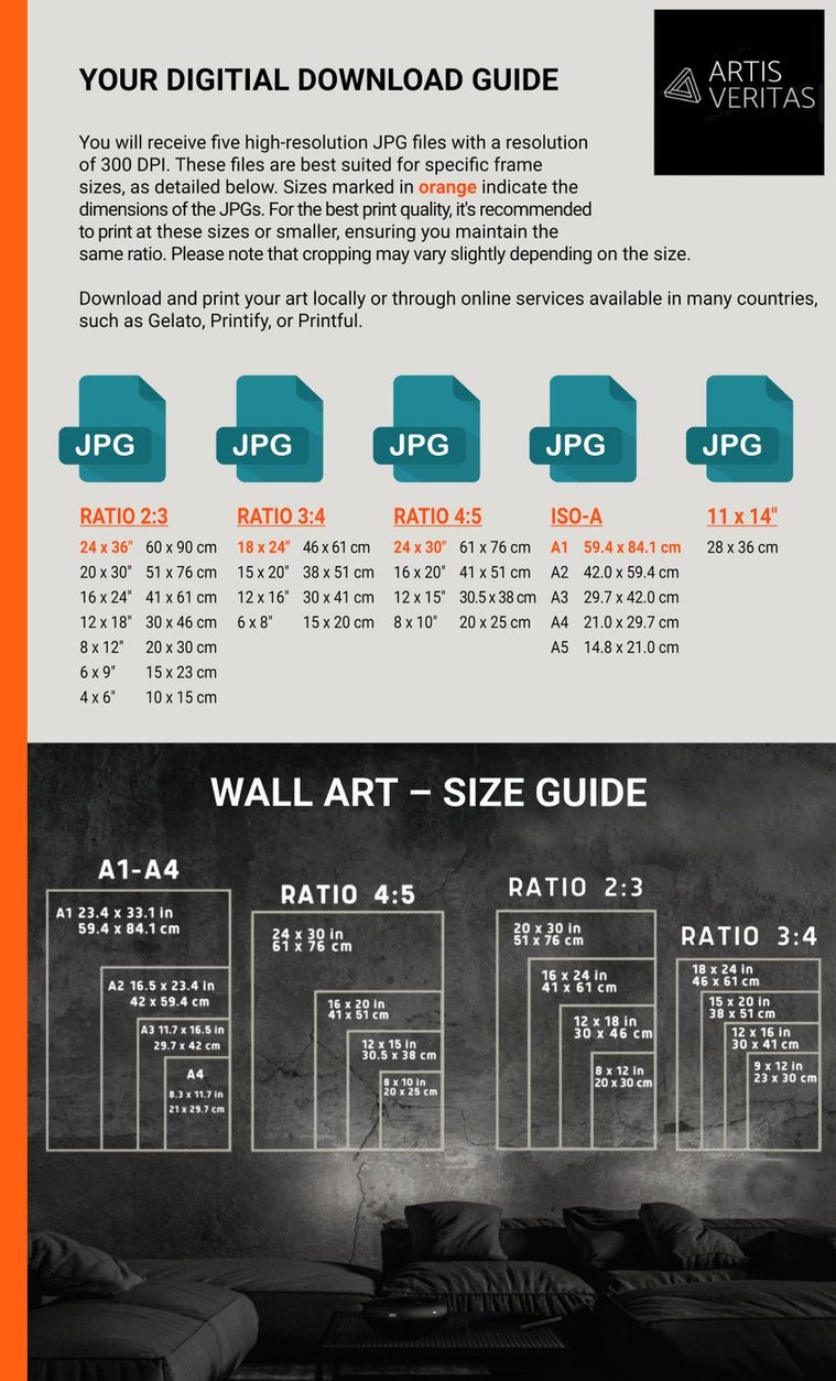 Download guide and dimensions guide for artworks and paintings in portrait (vertical) format. Find detailed instructions how to download the files and printing your purchased wall art. 