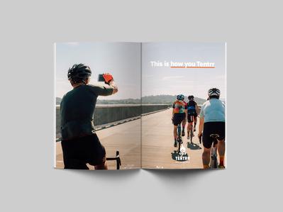 A magazine ad concept mockup of cyclists riding across a bridge.