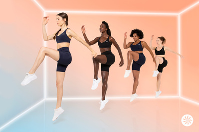 obé Fitness instructors Kat, Marcia, Liz and Sam posing for a campaign with Athleta.