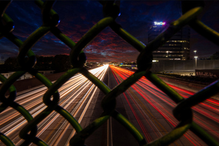 Truecar building seen from the bridge looking North, between Sepulveda Boulevard, and Sawtelle Boulevard, at night on the 405, Palms, West Los Angeles, 90034. 