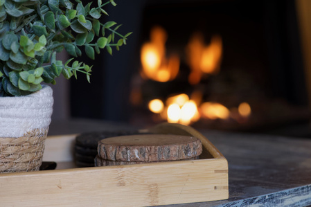 www.arrivedmedia.com, @arrivedmedia, cozy , Coco Cabina Cabin, Big Bear Lake, CA, Coasters by the Fire, woods, real estate photography, commercial photography, detail photo