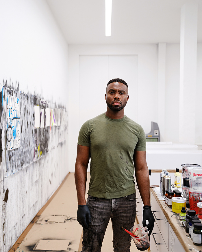 Brooklyn, NY: American painter and conceptual artist Adam Pendleton shot at his Brooklyn Navy yard studio for Pace Gallery