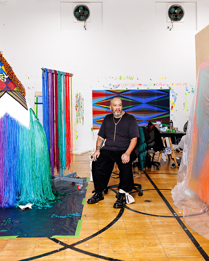 Native - American artist Jeffrey Gibson in his studio before the Venice Biennale for Galerie Magazine. Hudson,NY. 2024