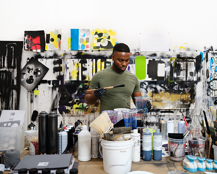 Brooklyn, NY: American painter and conceptual artist Adam Pendleton shot at his Brooklyn Navy yard studio for Pace Gallery
