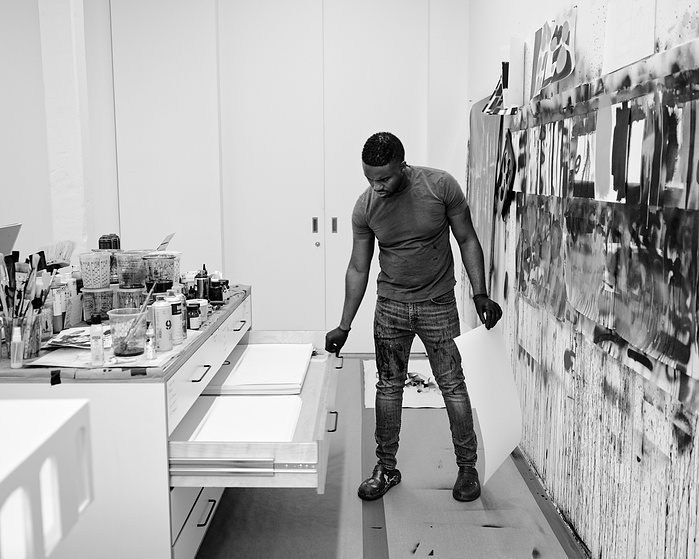 Brooklyn, NY: American painter and conceptual artist Adam Pendleton shot at his Brooklyn Navy yard studio for Pace Gallery