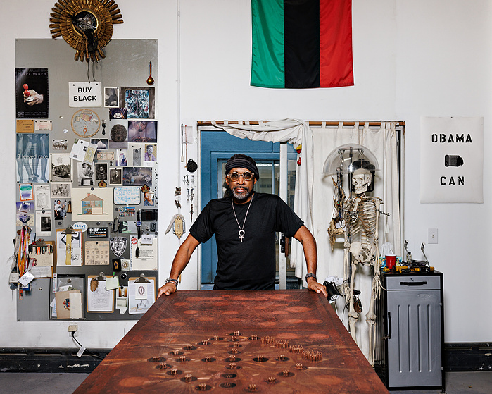 American artist Nari Ward in his Harlem Studio for Lehmann Maupin. Harlem,NY