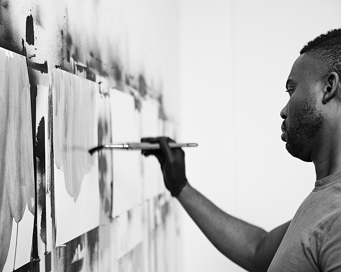 Brooklyn, NY: American painter and conceptual artist Adam Pendleton shot at his Brooklyn Navy yard studio for Pace Gallery