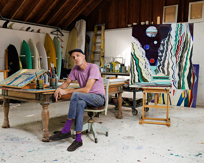 French American Painter Jules de Balincourt in his studio for Pace Gallery. East Hampton,NY. 2024