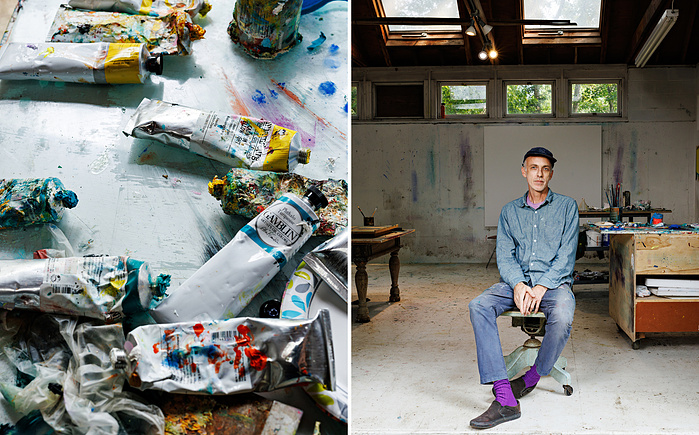 French American Painter Jules de Balincourt in his studio for Pace Gallery. East Hampton,NY. 2024