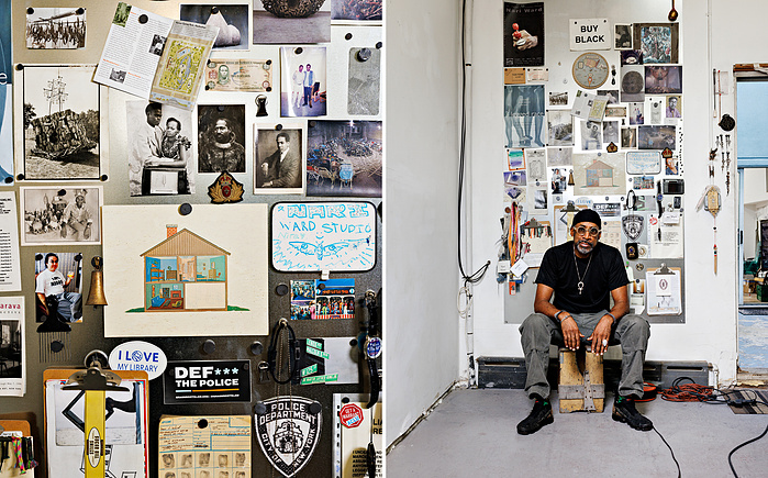 American artist Nari Ward in his Harlem Studio for Lehmann Maupin. Harlem,NY