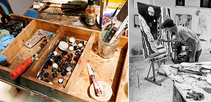 French American Painter Jules de Balincourt in his studio for Pace Gallery. East Hampton,NY. 2024
