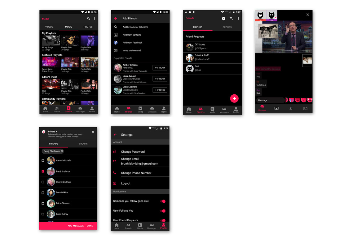 Android screenshots of DK social media app.
