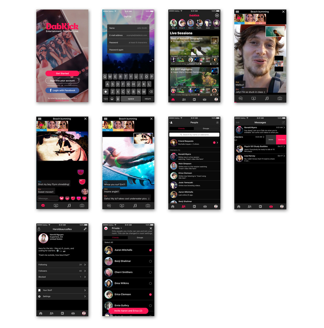 iOS screenshots of DK social media app.