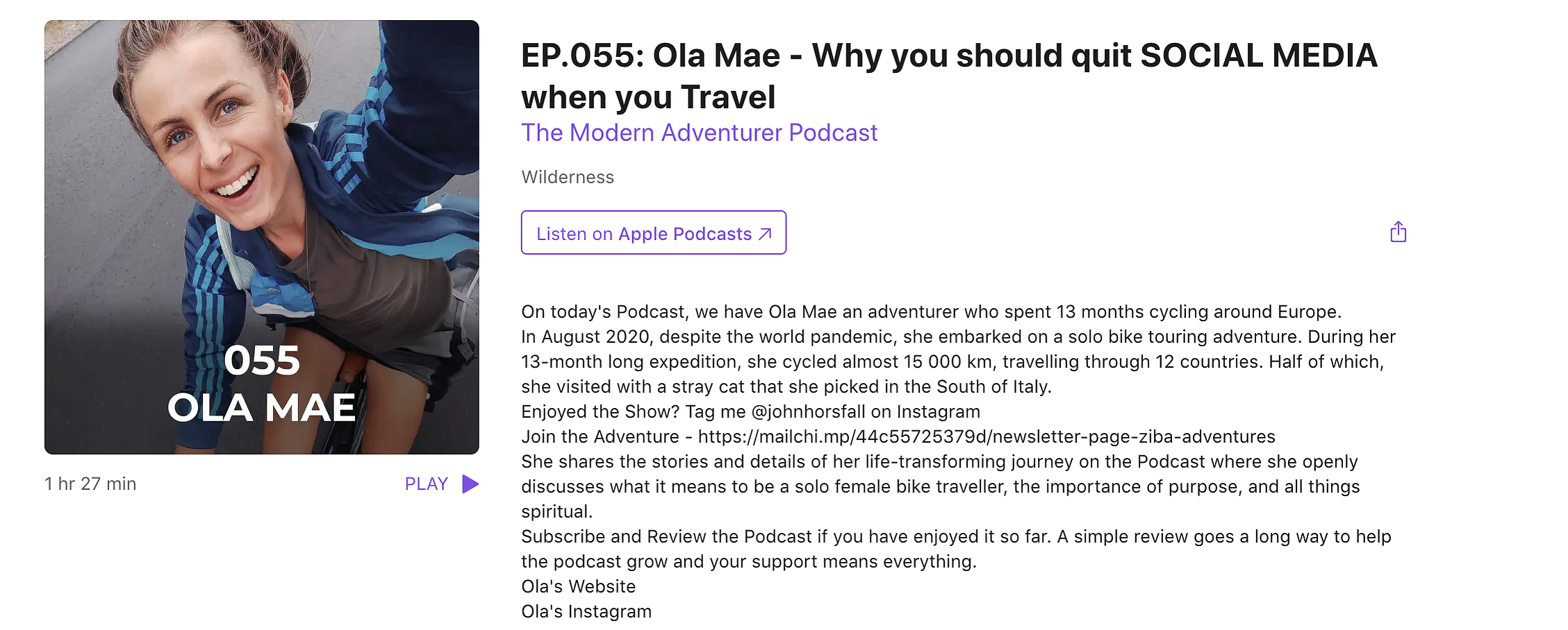 Ola Mae's personal interview on the Modern Adventurer Podcast.