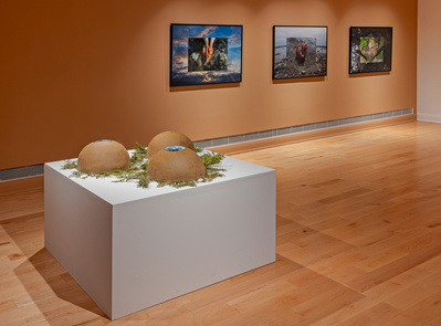(L-R) 
Celestial Vessels, 2023
clay, digital photographs, decals

Ancestral Awakening, 2023
Gestures Across Time, 2023
Silent Echoes of Lunar Birth, 2023
composite of digital photographs