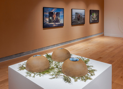 (L-R) 
Celestial Vessels, 2023
clay, digital photographs, decals

Ancestral Awakening, 2023
Gestures Across Time, 2023
Silent Echoes of Lunar Birth, 2023
composite of digital photographs