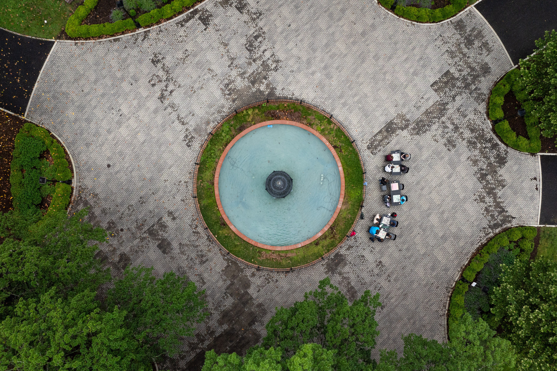An aerial view of RVA Pieces, a decade-old chess club, as they meet in Monroe Park in Richmond, Va., Saturday, May 18, 2024.