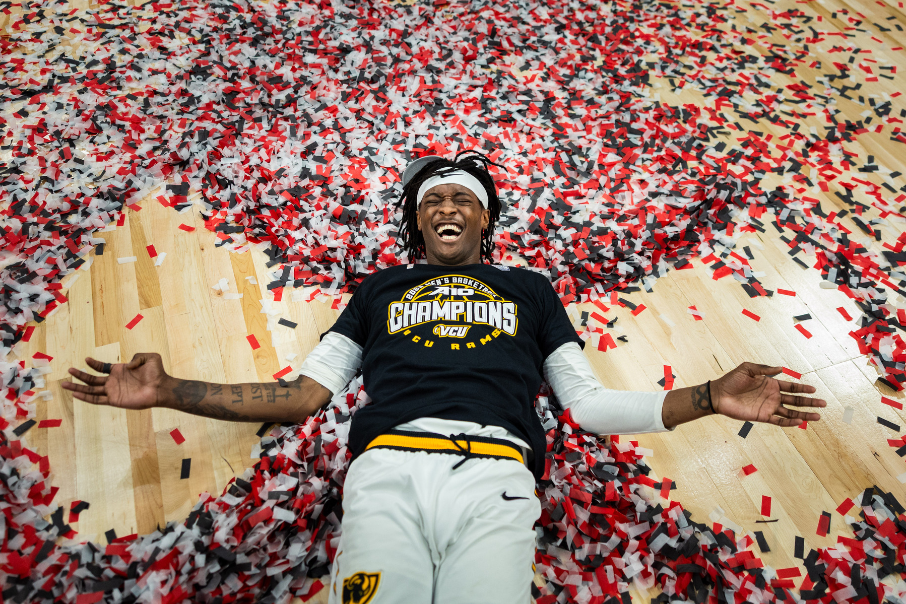 VCU forward Christian Fermin celebrates after winning the A-10 Tournament Championship Game against George Mason in Washington, D.C., Sunday, March 16, 2025. 
