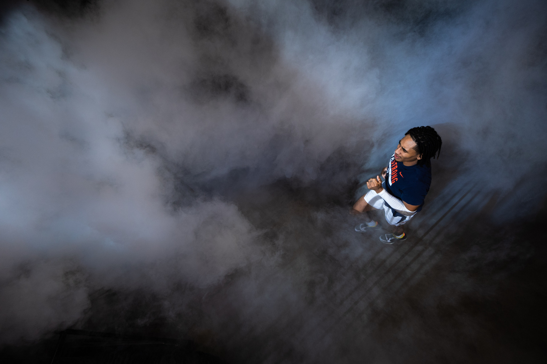 University of Virginia guard Armand Franklin runs out to the court before a basketball game against Clemson University at John Paul Jones Arena in Charlottesville, Va., on Tuesday, Feb. 28, 2023.