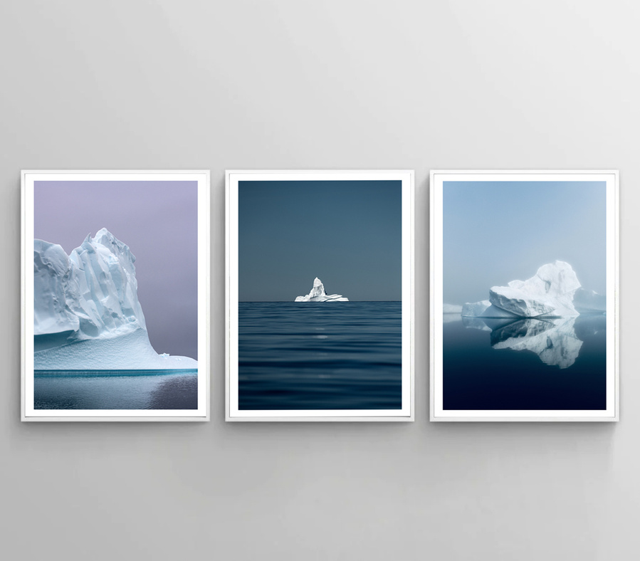 3 photography frames on the wall showing icebergs in Greenland.