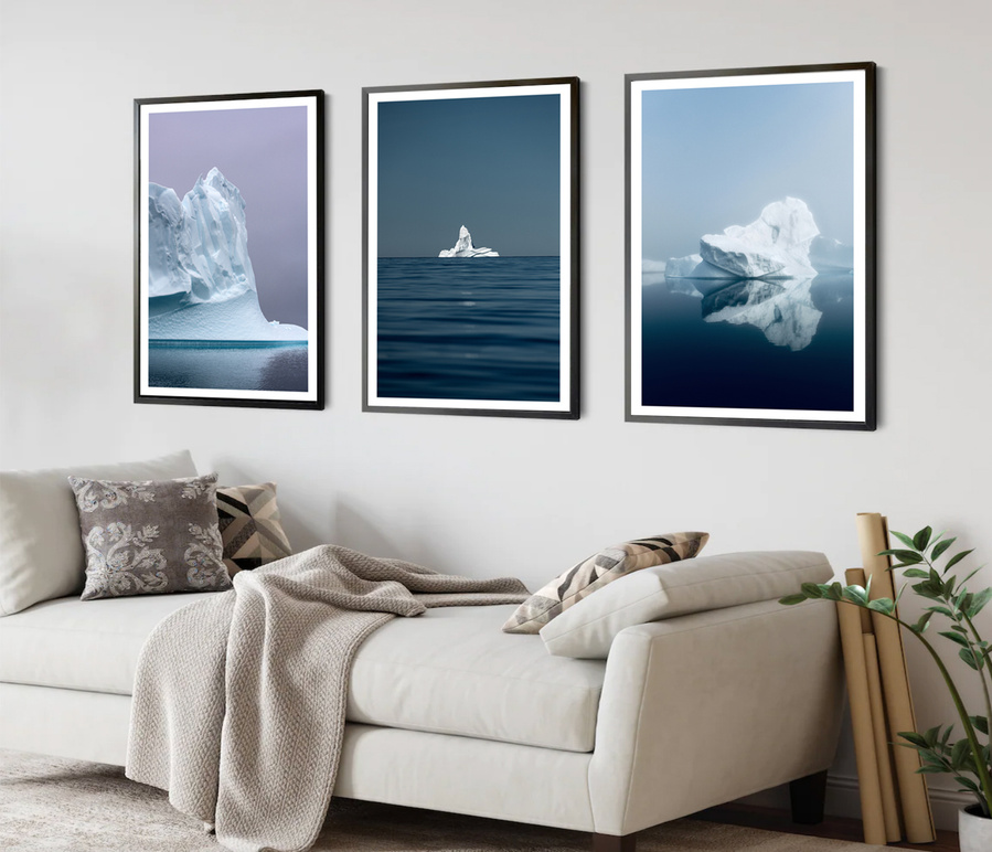 3 photography frames on the wall showing icebergs in Greenland.