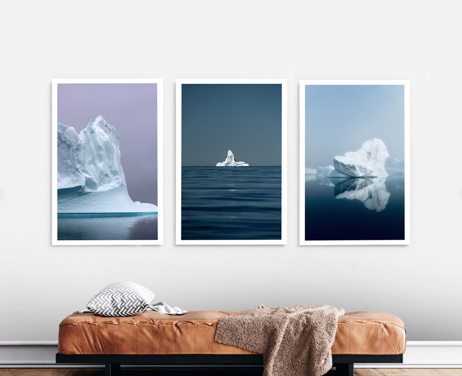 3 photography frames on the wall showing icebergs in Greenland.