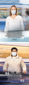 Publication tearsheet with a portrait of employee showing blurred Zurich in the background for the annual report of Spitex Zurich.