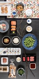 Asian and sushi food photographed in the photo studio using with the knolling techique.