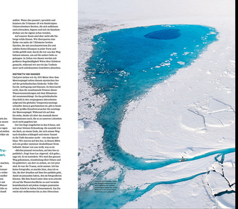 Publication tearsheet of a drone shot from above showing a stand up paddler paddling on a glacier lake on the Greenland Ice sheet.
