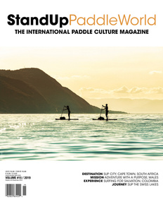 Publication tearsheet of a magazine cover with two stand up paddlers paddling on lake Geneva at sunset in Switzerland.