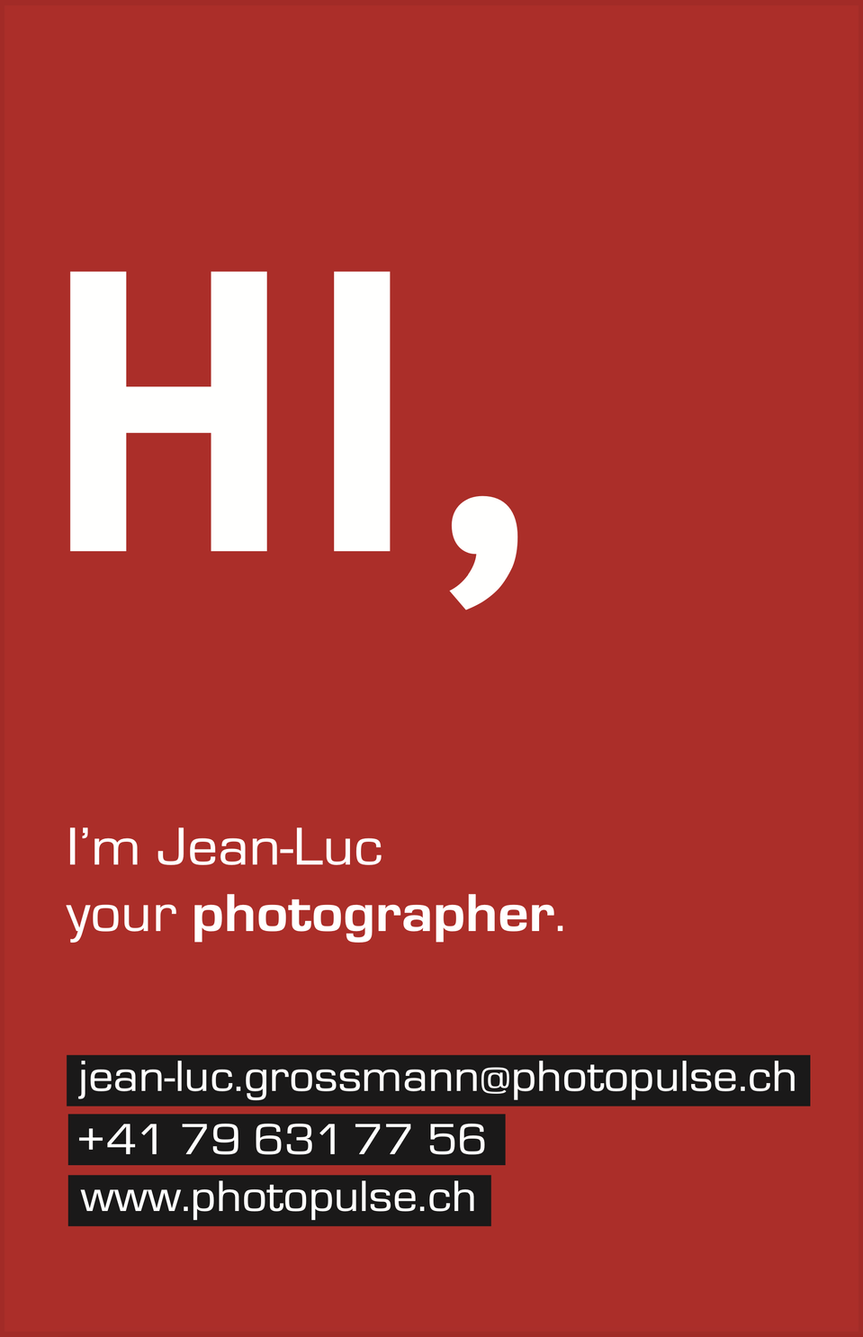Red photography business card of photographer Jean-Luc Grossmann based in Zurich, Switzerland - front side.