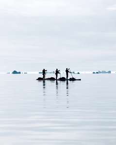 three stand up paddle boarders paddling in Greenland on an adventure – Stand up paddling expedition.