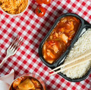 Plate with rice and tofu.