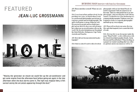 Publication tearsheet in black and white of art installations at the Burning Man Gathering.