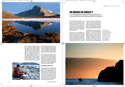 Publication tearsheet showing impressions of a sea kayaking adventure in Greenland.