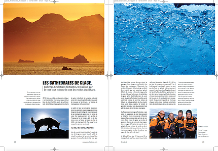 Publication tearsheet showing icebergs and the landscape in Greenland.