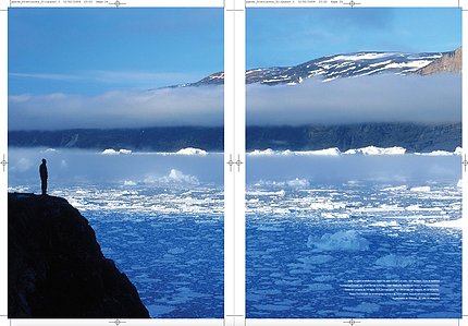 Publication tearsheet of a speed page with an adventurer standing on a rock looking at the sea full of icebergs and growlers in North Greenland.