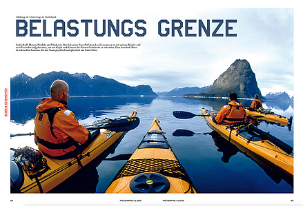 Publication tearsheet of a magazine spread showing four kayakers staring at the entrance of a fjord in North Greenland.