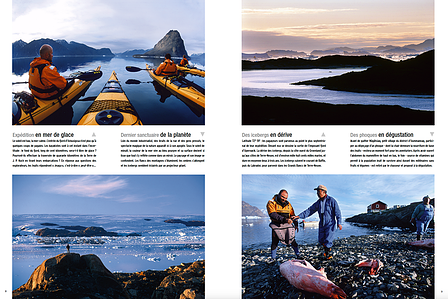 Publication tearsheet showing impressions of a sea kayaking adventure in North Greenland.