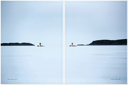 Publication tearsheet showing  a spread page of two people stand up paddling in Norway with the horizon of the sky blending with the sea.