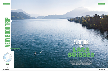 Publication tearsheet of a magazine with a drone shot of two stand up paddlers paddling on lake Lucerne for the magazine Spot published in Zurich, Switzerland.